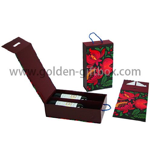 精美兩瓶裝紅酒盒風景圖案局部UV摺叠型配磁石開關及精緻手挽